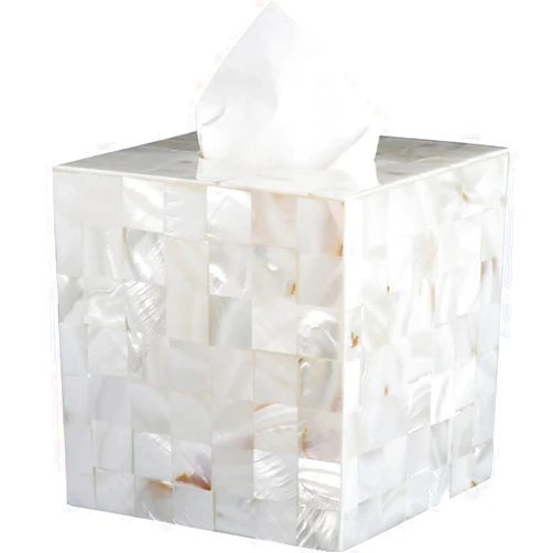 DUJEFF White Hand-Polished Decorative Square Tissue Holder, Beautiful Mother-of-Pearl Shells Tissue Box Cover for Home Living Room Dining Room