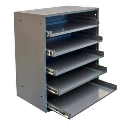 Durham 305B-95 Cold Rolled Steel Heavy Duty Triple Track Bearing Slide Rack with 5 Large Compartment Boxes, 375 lbs Capacity, Gray Powder Coated Finish
