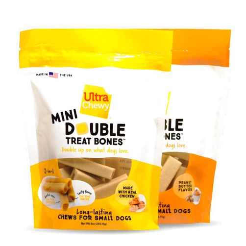 Ultra Chewy Mini Double Treat Bones: Long-Lasting Dog Treats Made in USA, Highly Digestible, Ideal for Aggressive Chewers 9oz (Peanut Butter and Chicken Flavor, 2 Packs)