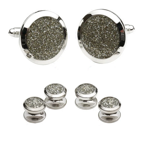 Cuff-Daddy Men's Silver Diamond Dust Tuxedo Cuff links and Studs Formal Set with Presentation Jewelry Box for Business Wedding Groomsmen Cufflinks & Shirt Accessories Special Occasions Wedding Party