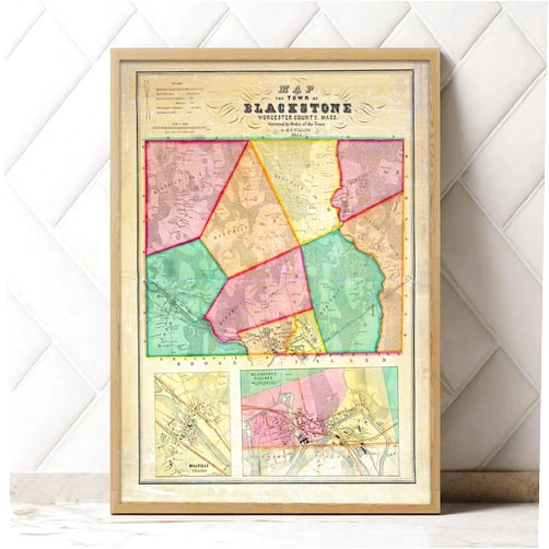 MG Global Historical Poster of Old 1854 of blackstone worcester county massachusetts | 11x17 12x18 16x24 24x36 Unframed Print Wall Art for Gift | Vintage Antique Rustic Home Office Decor