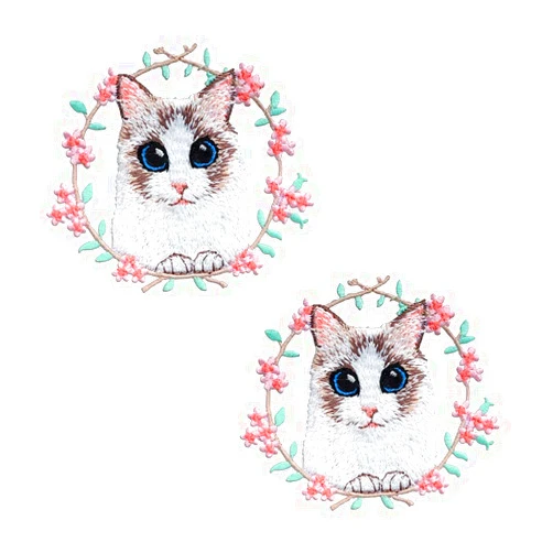 YOUOR 2pcs Flower Cat Patch Embroidered Applique Garland Animals Badge Iron on Patches
