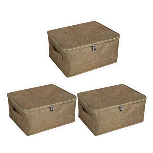ANMINY 3PCS Storage Bins with Zipper Lid Handles Storage Boxes PP Plastic Board Foldable Lidded Cotton Linen Fabric Home Cubes Baskets Closet Clothes Organizer Containers - Coffee, Small Size