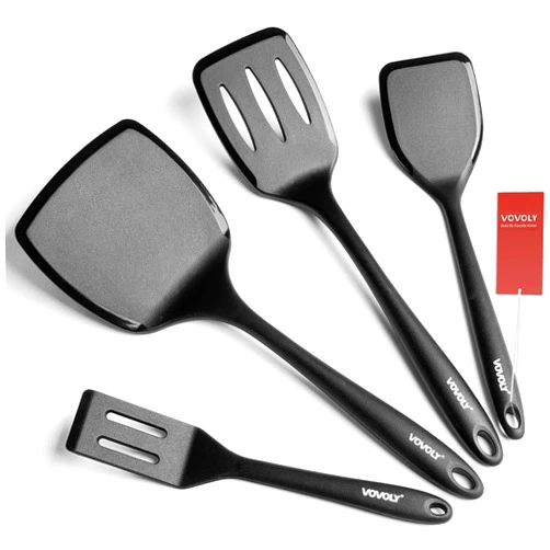 Vovoly Silicone Spatula Set, 600°F Heat Resistant Silicone Spatula Turner Flipper for Cooking, Non Stick and Non Scratch Kitchen Utensils for Eggs & Pancakes, 4 Pack, Black