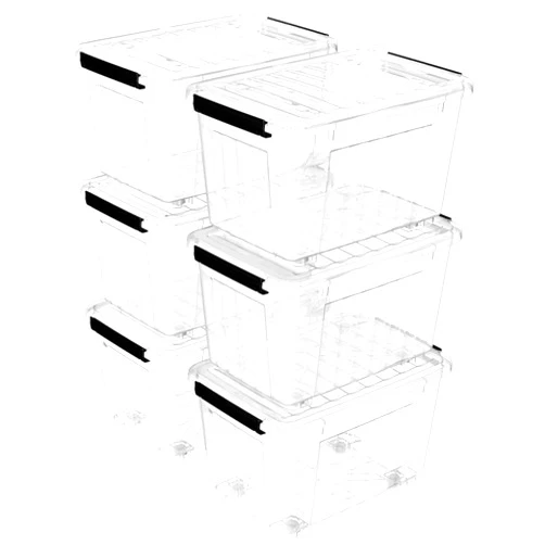 Cetomo Plastic Storage Bin Box Stackable and Nestable with Lid and Secure Latching Buckles, Clear, 60Qt x 6, Pack of 6