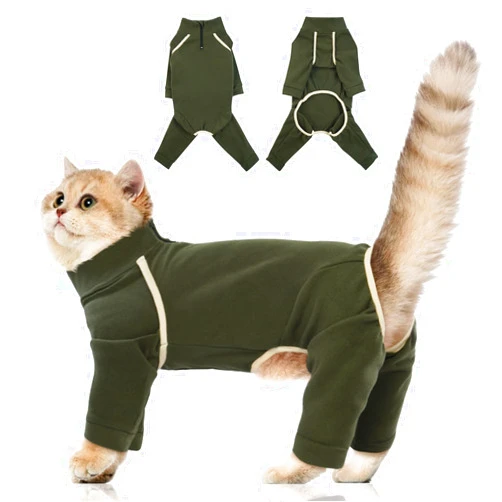 MORVIGIVE Cat Onesie - Army Green, Xsmall - Stylish Sticky Hair Cat Clothes, Prevents Hair Loss Cat Pajamas for Cats Only, Cat Recovery Suit After Surgery for Singapura, Siamese