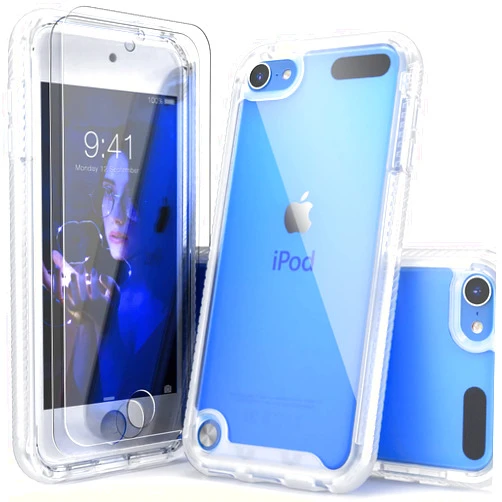 IDYStar Compatible with iPod Touch 7th Generation Case, 2 in 1 Shockproof iPod Case with Screen Protectors, Hybrid Slim Fit Protection Shock Resistant Cover for iPod Touch 5/6/7th Generation, Clear