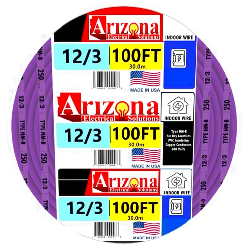 ARIZONA ELECTRICAL SOLUTIONS 100 FEET 12/3 Type NM-B Copper. #12 AWG, 3 Conductors with Ground. Insulated Jacket Purple