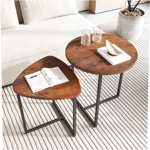 HOJINLINERO Round Coffee Table Set of 2 End Tables for Living Room,Black Small Coffee Table Living Room Table,Metal Frame & Wood,Sturdy and Easy Assembly,Stacking Side Tables Bedroom,Brown