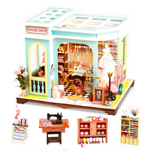FLYNOVA DIY Miniature House Kit,Tailor Shop Dollhouse with Furniture & LED,Adults Teens Mini House Building Kit,3D Wooden Crafts Tiny House Model,Xmas Birthday Gifts Home Table Decor,Friends Present