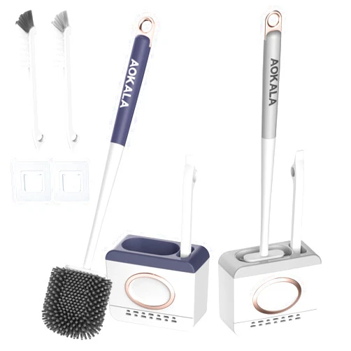 Aokala 2 Pack Toilet Brush & Holder Set, Light Gray & Dark Gray, Silicone Bristle for Deep Cleaning, Modern Design Bathroom Accessories