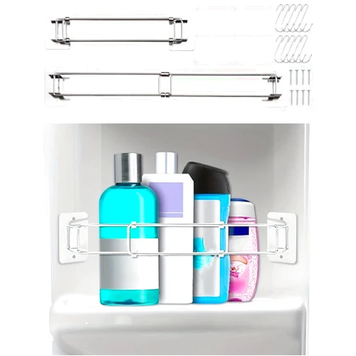 GKgyeus RV Shower Corner Storage Bar - 2 Pack Adjustable Stainless Steel RV Bathroom Shelves Organization with S-Hooks, Flexible & Easy to Install Storage Rod for RV Camper Travel Trailer Inside Bath(7-13 in)