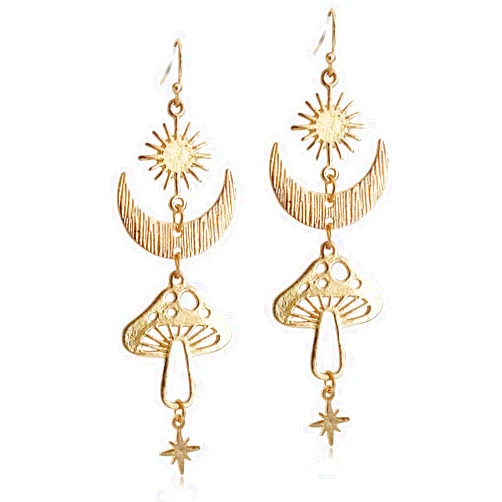 SLSF Unique Chic Gothic Boho Sun and Moon Dangle Drop Earrings Bohemian 14k Gold Goth Crescent Moon Star Mushroom Pendant Celestial Earrings for Women Christmas Jewelry Gift