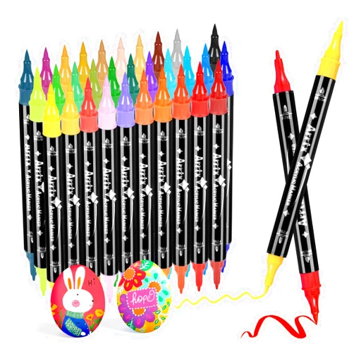 Arrtx Acrylic Paint Pens, 32 Colors Brush Tip and Fine Tip (Dual Tip) Paint Markers for Rock Painting, Water Based Acrylic Painting Supplies for Fabric Painting,Wood, Plastic, Canvas, Easter Egg