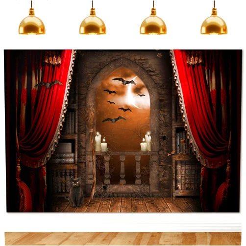 Avezano Halloween Photography Backdrop Magical Broom Vampires Medieval Castle Background Spooky Witch Bats Mid Century Vintage Child Kids Photoshoot Photo Studio Booth Decorations (Orange, 7x5ft)