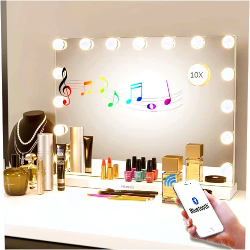 Filytop Vanity Mirror with Lights,10X Magnification,Large Hollywood Bluetooth Lighted Vanity Mirror with 15 LED Bulbs & Speaker,3 Color Modes,Touch Control for Tabletop or Wall-Mounted(23in)