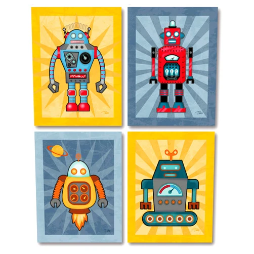 Gango Home Decor Adorable Robot Poster Set; Kids Room Decor; Four 11 x 14 Poster Prints