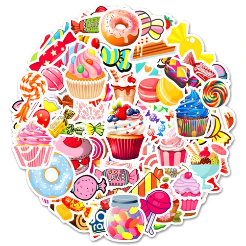 Dslalaly 100 Pieces Cute Sweet Treats Candy Stickers, Waterproof Vinyl Decal Dessert Stickers Ice Cream Cupcake Stickers Party Favors for Kids Girls Boy for Laptop Envelopes Water Bottles