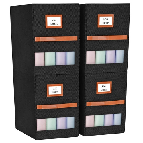 Jolensoy 4 Pack Bed Sheet Organizer and Storage, 2 IN 1 Large Sheet Folding Organizer for Linen Closet(Queen or King Size), Sheet Storage Containers for Bedding Clothes Sheets Organizing Boxes, Black