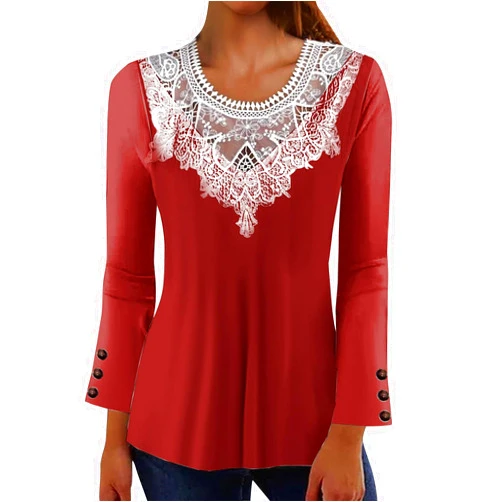 Generic Women's Long Sleeve T Shirts Tops Shirt Blouse O Lace Neck Casual Holiday Basic Button Tops Shirt, S-3XL