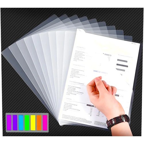 Rouceyxin 50PCS Plastic Clear Document Folders - L-Type Folders Copy Safe Project Pockets, for A4/ Letter Size Sheets, Transparent Color with 140 Pcs Index Tabs