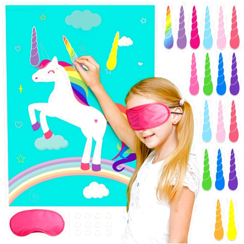 FEPITO Pin The Horn on Unicorn-game for Kids Birthday Party Game with 24 Horn Stickers Birthday Poster for Kids Unicorn-Birthday Girls Rainbow Party Favors Supplies Decoration Home Wall Decor Backdrop