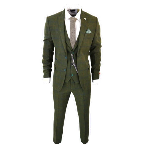 TruClothing Men's 3 Piece Suit Wool Tweed Green Blue Brown Check 1920s Gatsby Formal Dress Suits