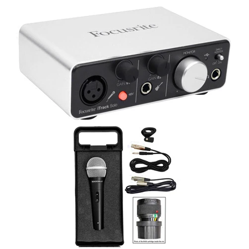 Audiosavings Bundle: Focusrite ITRACK SOLO LIGHTNING USB Audio Recording Interface For iPad/Mac Bundle with Rockville RMC-XLR High-End Metal DJ Handheld Wired Microphone Mic w (2) Cable (2 Items)