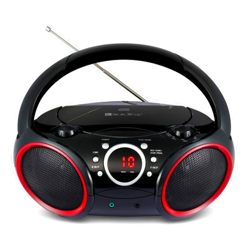 SINGING WOOD 030C Portable CD Player Boombox with AM FM Stereo Radio, Aux Line in, Headphone Jack, Supported AC or Battery Powered (Black with a Touch of Red Rims)