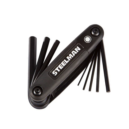 Steelman Portable Folding Hex Key Wrench Metric Multi-Tool, Set Includes 1.5, 2, 2.5, 3, 4, 5, 6, and 8mm Sizes, Chamfered Ends, Steel, Corrosion-Resistant Black Oxide Coating