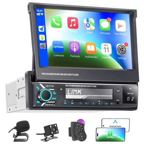 Hexahedron Single Din Car Stereo Screen with Wireless Carplay & Android Auto, 7' Flip Out Screen Car Stereo with Backup Camera, Car Radio Supports Bluetooth/Mirror Link/Micro/FM/AUX/TF Card/Steering Wheel Remote