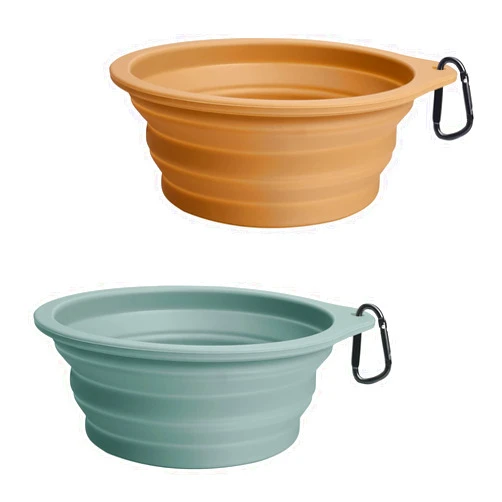 PetBonus 2-Pack Silicone Collapsible Dog Bowls, BPA Free Dishwasher Safe, Portable Foldable Expandable Travel Bowl, Food Water Feeding Cup Dish for Dogs Cats with 2 Carabiners (Turquoise, Tan)