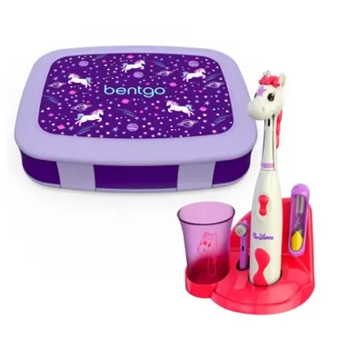 Bentgo Kids Print Leak-Proof, 5-Compartment Bento-Style Lunch Box + Brusheez Kid's Electric Toothbrush Set, Unicorn