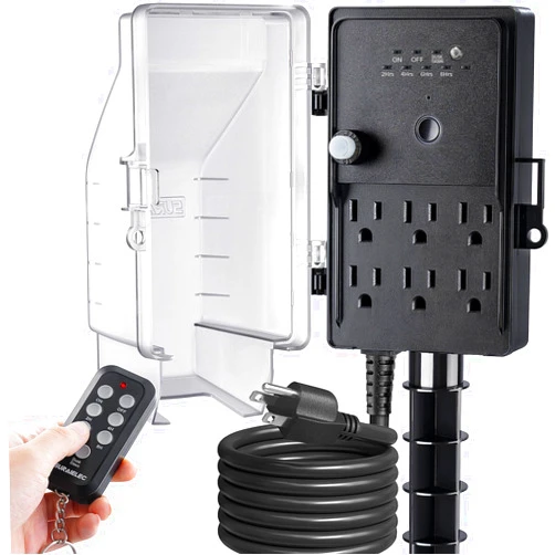 SURAIELEC Outdoor Power Stake Timer Waterproof, 100FT Wireless Remote Control, Photocell Dusk to Dawn Timer, 6 Grounded Plug Outlets, 6FT Extension Cord, for Halloween Decoration, Lights, Garden
