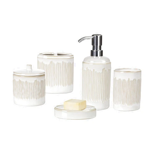 Motifeur Bathroom Accessories Set, 5-Piece Ceramic Bath Accessory Complete Set with Lotion Dispenser/Soap Pump, Cotton Jar, Soap Dish, Tumbler and Toothbrush Holder (Ivory White)