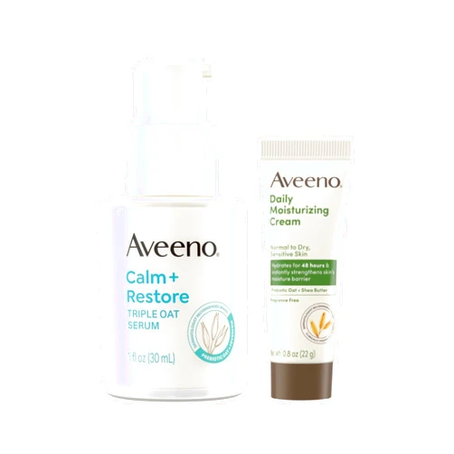 Aveeno Skin-Care Bundle for Sensitive Skin, Calm + Restore Triple Oat Hydrating Facial Serum, 1 fl. oz, & Travel Size Daily Moisturizing Cream + Prebiotic Oat, 0.5 oz, Fragrance Free, Two Items