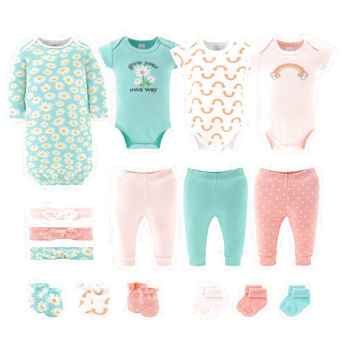 The Peanutshell Baby Layette Gift Set for Girls - 16 Piece New Born Girl Gift Set, Baby Clothes & Newborn Essentials Must Haves - Newborn Clothes 0-3 Months - Carefree Floral