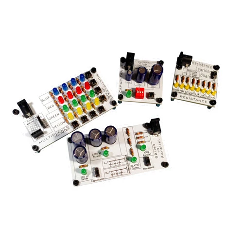 ELearnTronics Full Set of 4 Electronics Learning Boards | Practice Soldering & Learn Electronics | Multiplexer, Resistance, Capacitance, and Series vs. Parallel