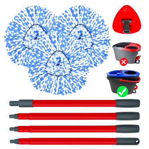 DLAIMI Spin Mop Replace Head, Mop Handle and Base Compatible with Ocedar RinseClean 2-Tank System, 3 Mop Replacement Head, 4-Section Sturdy Iron 30-58in Mop Handle and 1 Triangle Mop Head Cover Combo Set