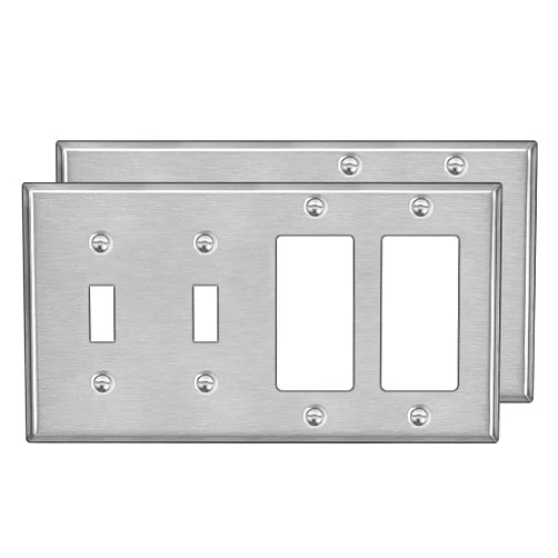 BESTTEN [2 Pack] BESTTEN 4-Gang Combination Metal Wall Plate with Ｗhite or Clear Plastic Film, 2-Decorator/2-Toggle, Corrosion-Resistant Stainless Steel Outlet and Switch Cover, Brushed Finish