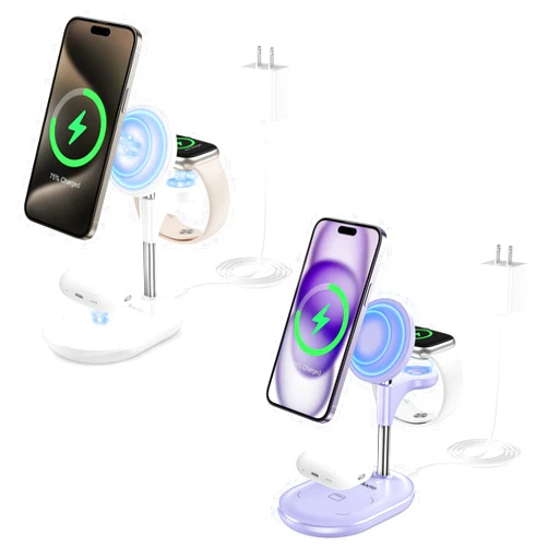Hevanto 3 in 1 Mag-Safe Charger Stand for iPhone 15 14 13 12, AirPods and Apple Watch - 2 Pack (White and Purple)