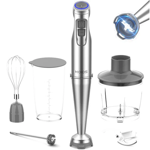 KOIOS 1100W Immersion Hand Blender, Stainless Steel Stick Blender with 12-Speed & Turbo Mode, 5-in-1 Handheld Blender with 600 ml Mixing Beaker with Lid, 500 ml Chopper, Whisk, Milk Frother, BPA-Free