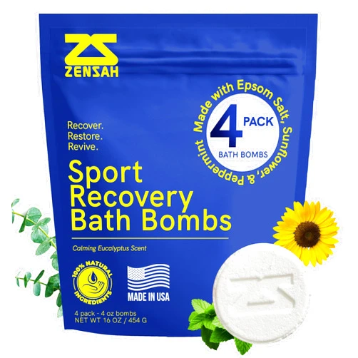Zensah Sport Recovery Bath Bombs - Magnesium Epsom Salt for Soaking, Sore Muscle, Pain Relief, Relaxation for Athletes, Men and Women (4 Count, Eucalyptus)