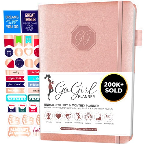 GoGirl Planner and Organizer for Women – Compact Size Weekly Planner, Goals Journal & Agenda to Improve Time Management, Productivity & Live Happier. Undated – Start Anytime, Lasts 1 Year – Rose Gold