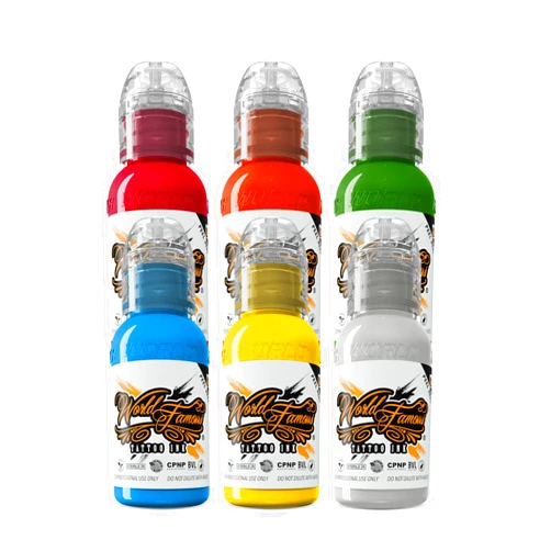 World Famous Tattoo Ink - 6 Color Simple Tattoo Kit - Professional Tattoo Ink in Color Assortment, Includes White Tattoo Ink - Skin-Safe Permanent Tattooing - Vegan & Non-Toxic (1 oz Each)