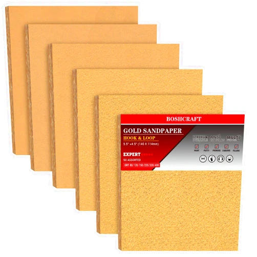 BOSHCRAFT 50 Pcs Premium Sand paper, 1/4 Sand paper Sheet Hook and Loop Backing 80/120/150/220/320/400 Grit Sandpaper Assortment Sandpaper for Wood Metal Automotive Palm Sanders 5.5