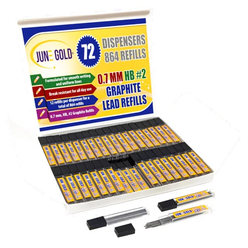 June Gold 864 Pieces, 0.7 mm HB #2 Lead Refills, 72 Dispensers, 12 Pieces Per Dispenser, Medium Thickness, Break Resistant Lead/Graphite