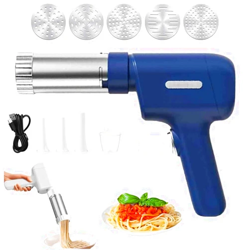 ROFALI Automatic Noodle Pusher, Handheld Electric Pasta Maker, 5-In-1 Cordless Pasta Maker,Portable Noodle Maker With Dough Cutter, Mould Noodle Pusher, Homemade Spaghetti Maker(Blue)