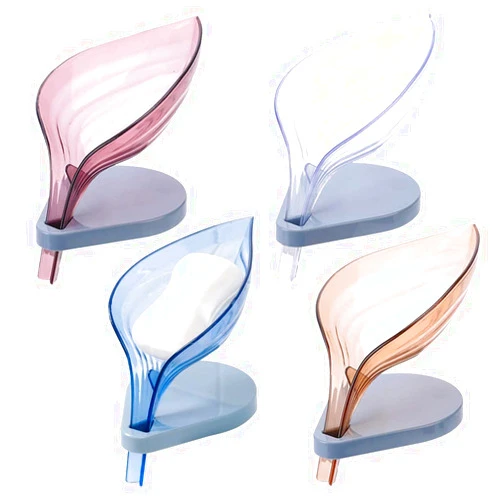 QZDADA 4Pcs Soap Dish Soap Holder with Drain Leaf Shape, Plastic Travel Soap Container with 4 Suction Cups for Bar Soap, Decorative Self Draining Soap Box Tray Easy Cleaning for Kitchen Bathroom