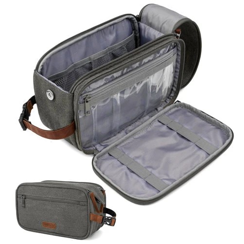 PAVILIA Toiletry Bag for Men Women, Canvas Travel Dopp Kit, Water Resistant Hygiene Bag Toiletries Organizer, Shaving Kit Travel Accessories Bag, Grey